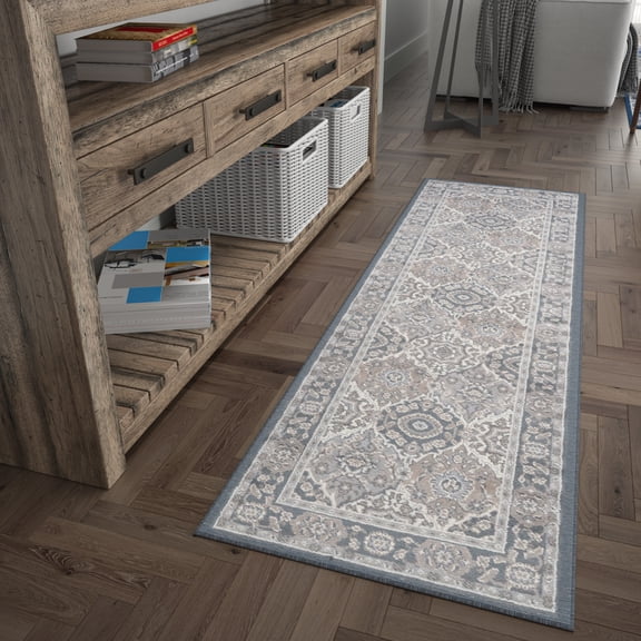 Madison Traditional 2' x 10' Gray and Cream Polypropylene Indoor Area Rug
