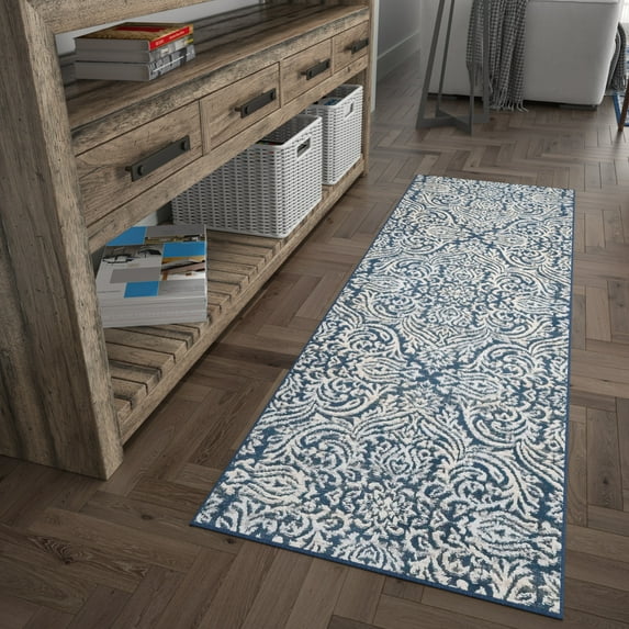 Madison Traditional 2' x 7' Dark Blue Polypropylene Indoor Area Rug