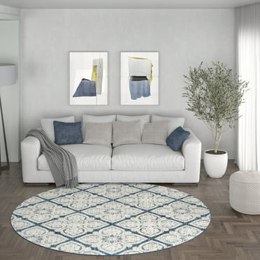 Madison Traditional 5' Round Dark Blue Polypropylene Indoor Area Rug