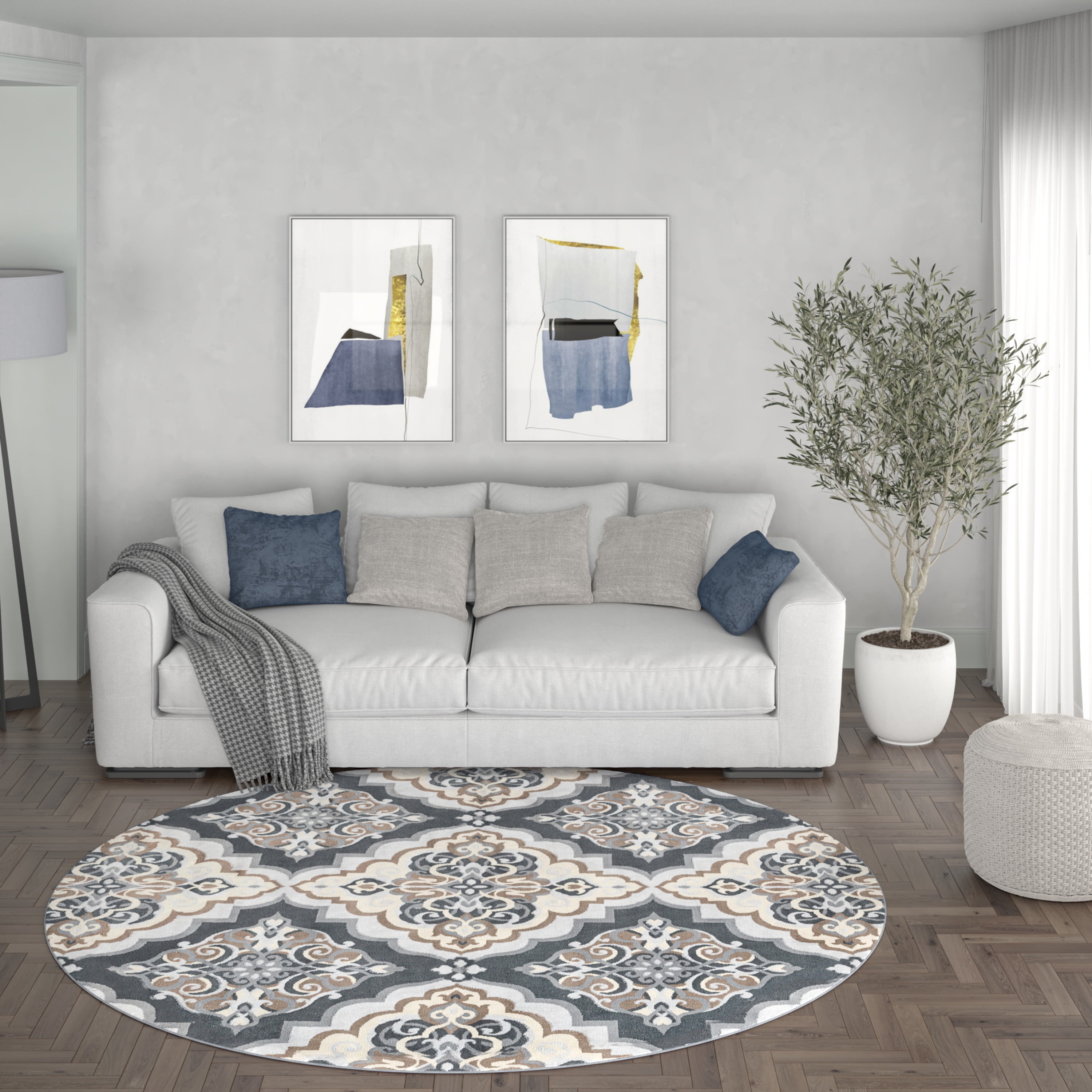 Madison Traditional 5' Round Gray Polypropylene Indoor Area Rug