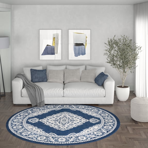 Madison Traditional 5' Round Navy and Cream Polypropylene Indoor Area Rug
