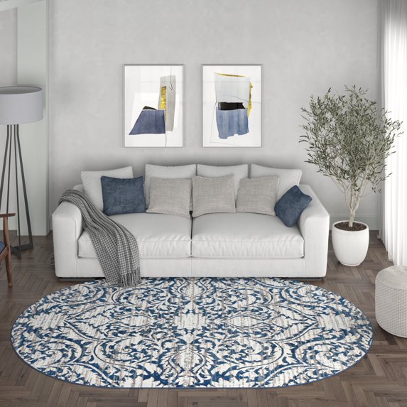 Madison Traditional 5' x 7' Oval Dark Blue Polypropylene Indoor Area Rug