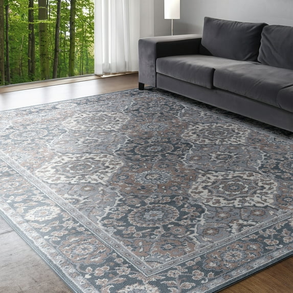 Madison Traditional 7.6' x 10' Gray and Cream Polypropylene Indoor Area Rug
