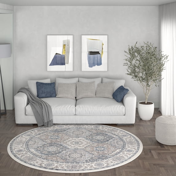 Madison Traditional 8' Round Cream and Gray Polypropylene Indoor Area Rug