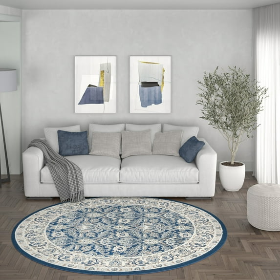 Madison Traditional 8' Round Dark Blue Polypropylene Indoor Area Rug