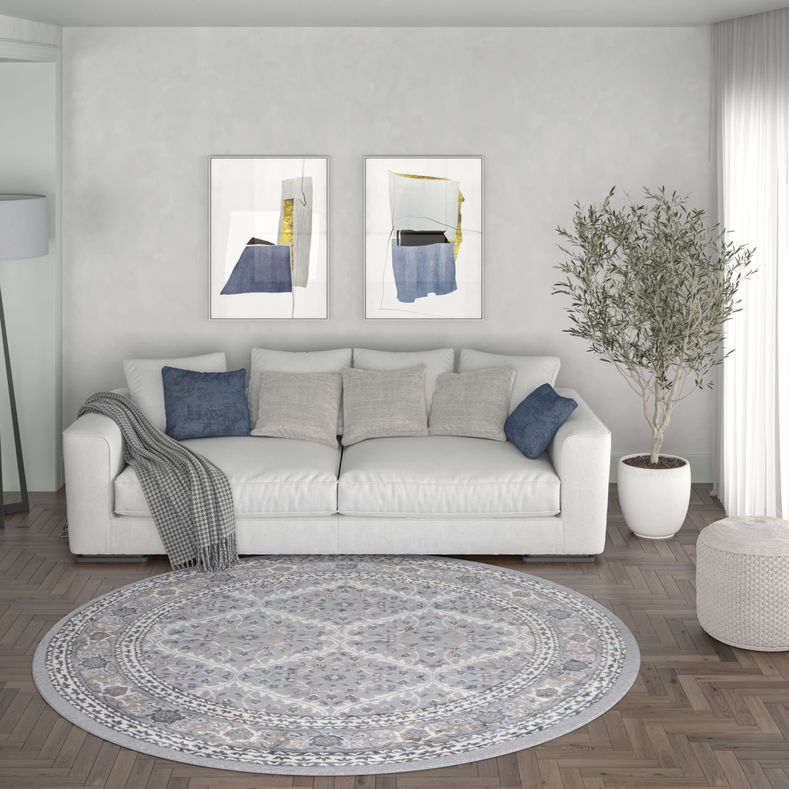 Madison Traditional 8' Round Gray and Cream Polypropylene Indoor Area Rug