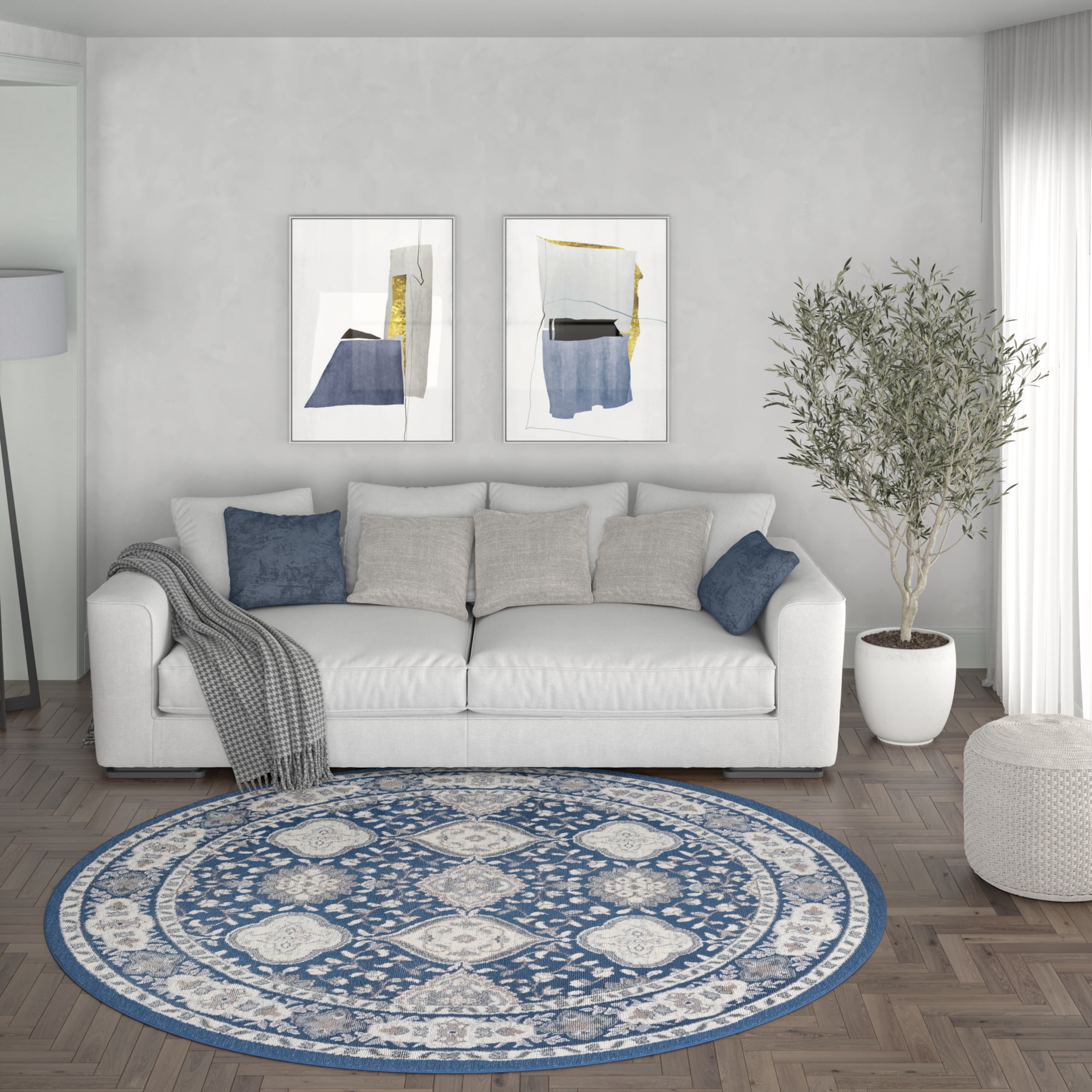 Madison Traditional 8' Round Navy and Cream Polypropylene Indoor Area Rug