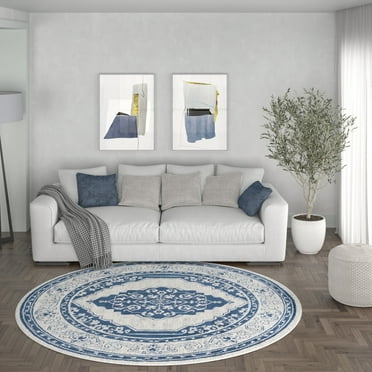 Madison Traditional 8' Round Navy and Cream Polypropylene Indoor Area Rug