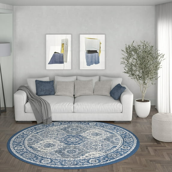 Madison Traditional 8' Round Navy and Cream Polypropylene Indoor Area Rug