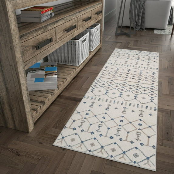 Madison Transitional 2' x 10' Cream and Navy Polypropylene Indoor Area Rug