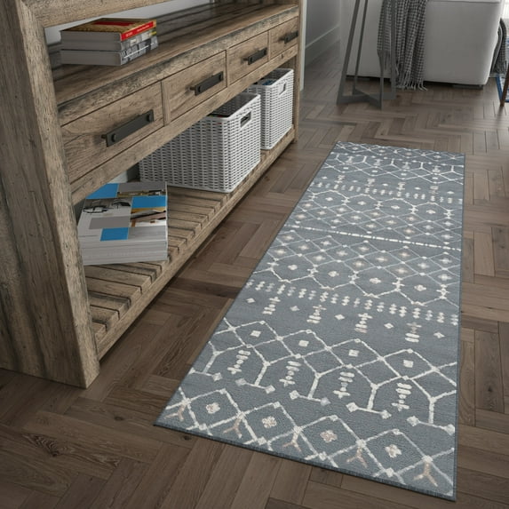 Madison Transitional 2' x 10' Dark Gray and Cream Polypropylene Indoor Area Rug