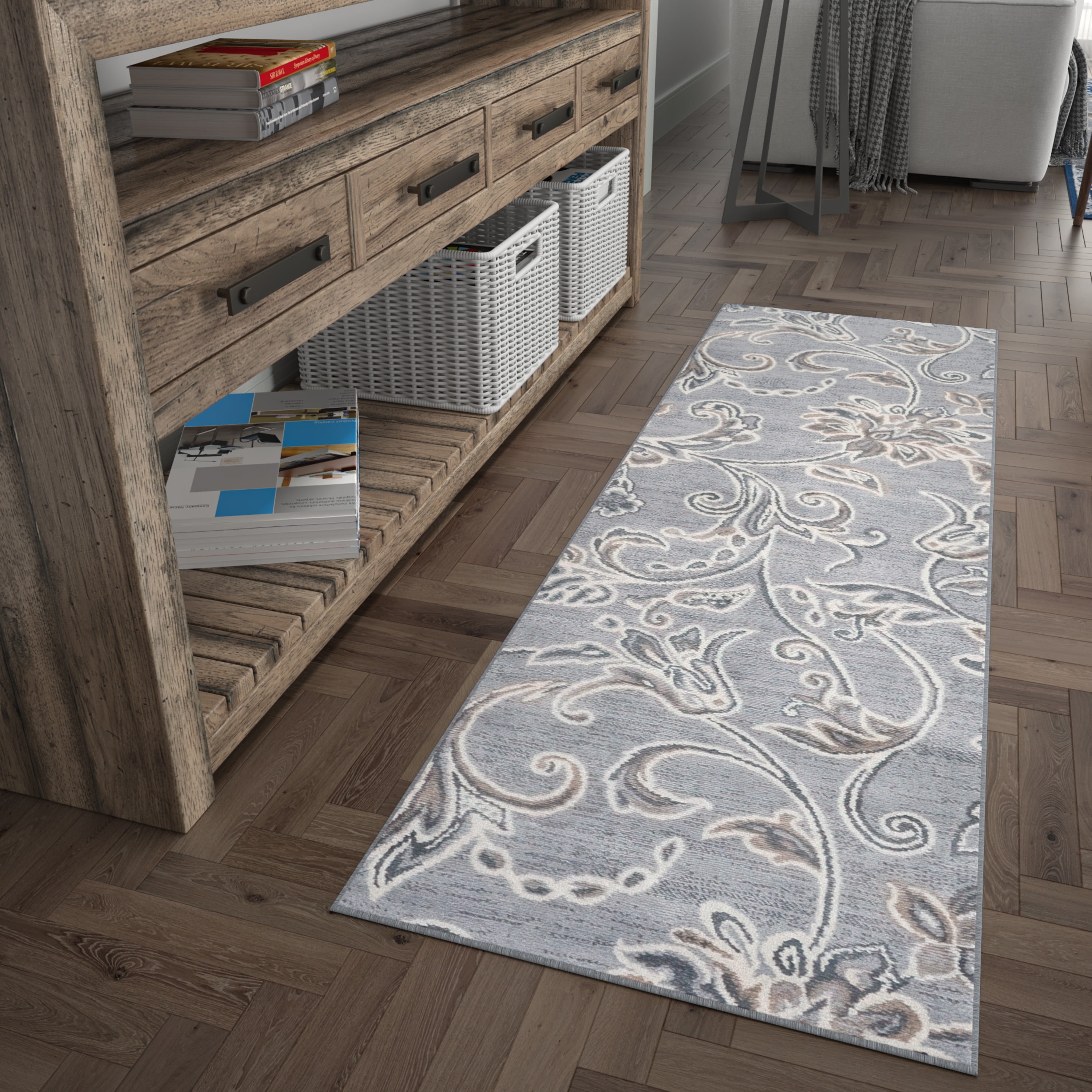 Madison Transitional 2' x 10' Gray and Cream Polypropylene Indoor Area Rug