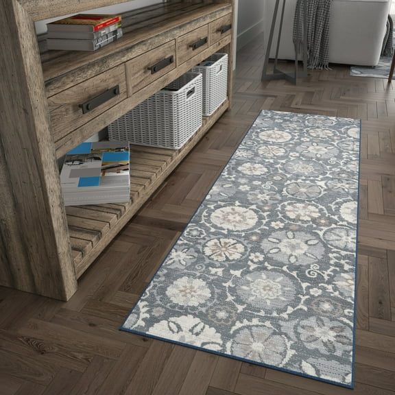Madison Transitional 2' x 10' Gray and Cream Polypropylene Indoor Area Rug