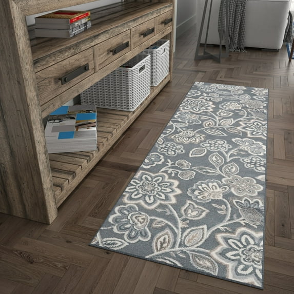 Madison Transitional 2' x 10' Gray and Cream Polypropylene Indoor Area Rug