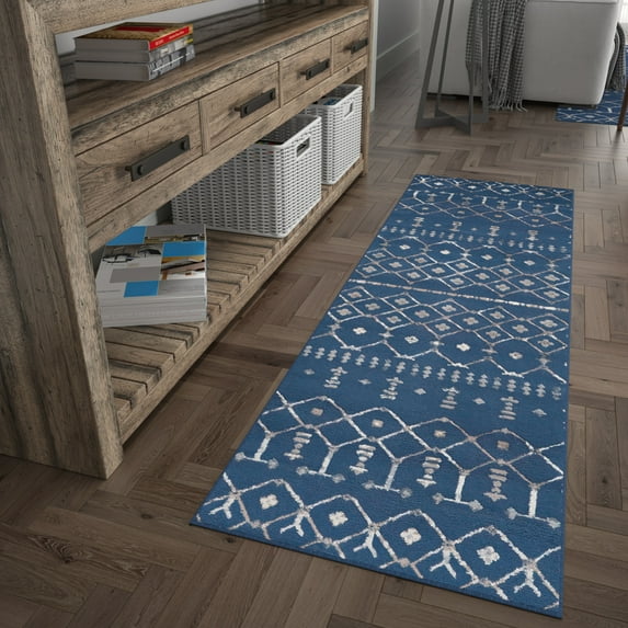 Madison Transitional 2' x 10' Navy and Cream Polypropylene Indoor Area Rug