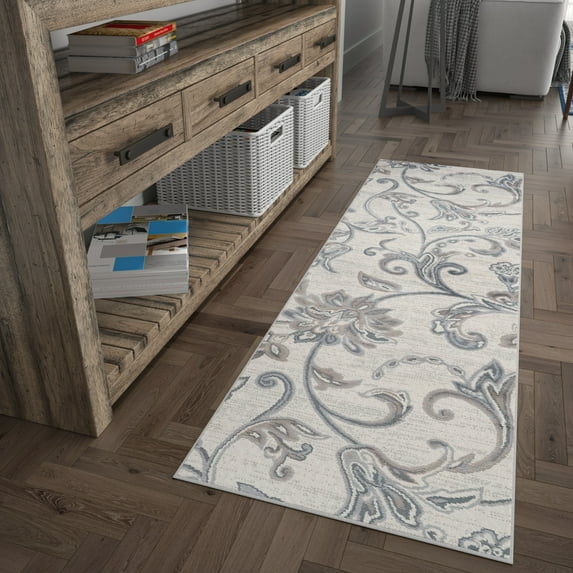 Madison Transitional 2' x 7' Cream and Gray Polypropylene Indoor Area Rug