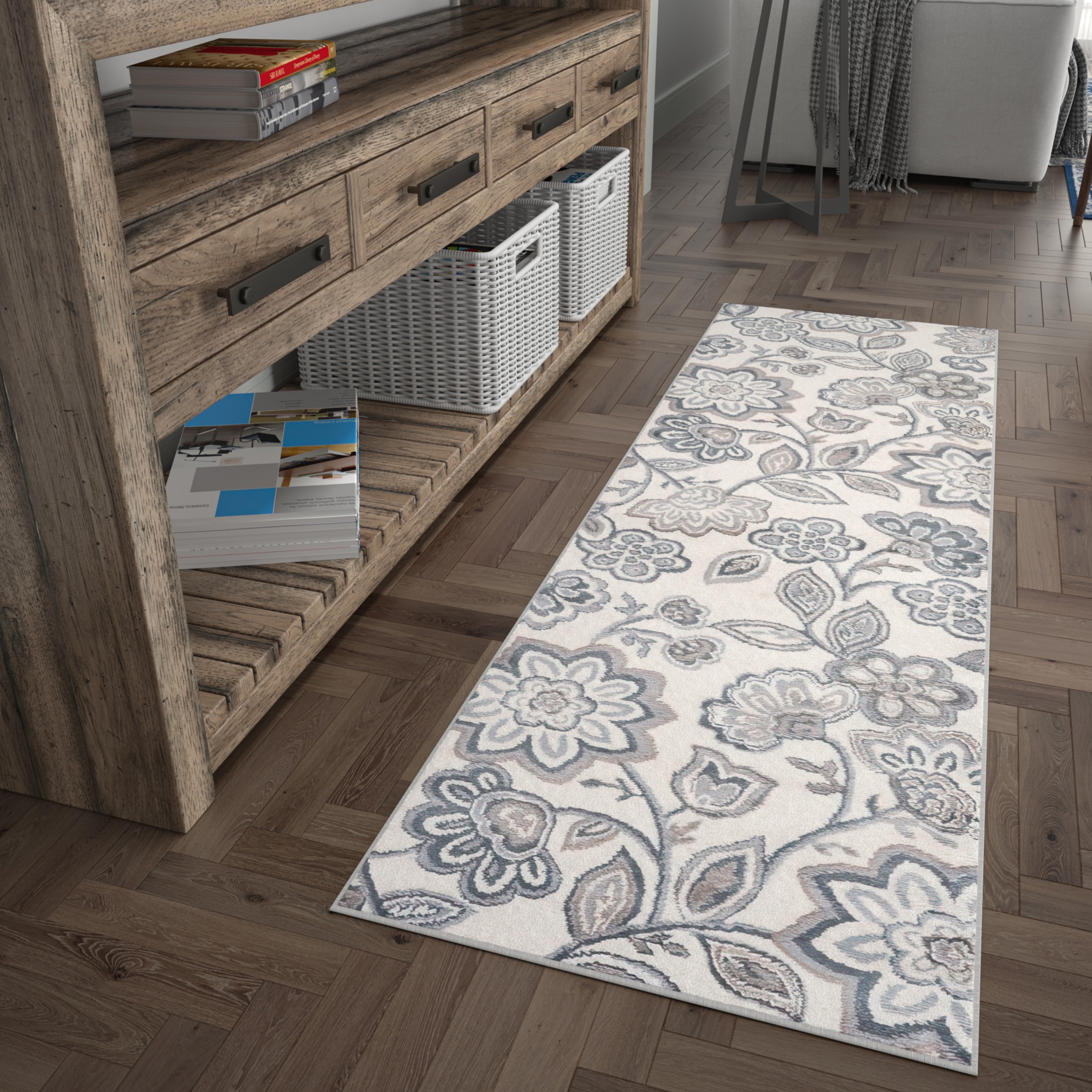 Madison Transitional 2' x 7' Cream and Gray Polypropylene Indoor Area Rug