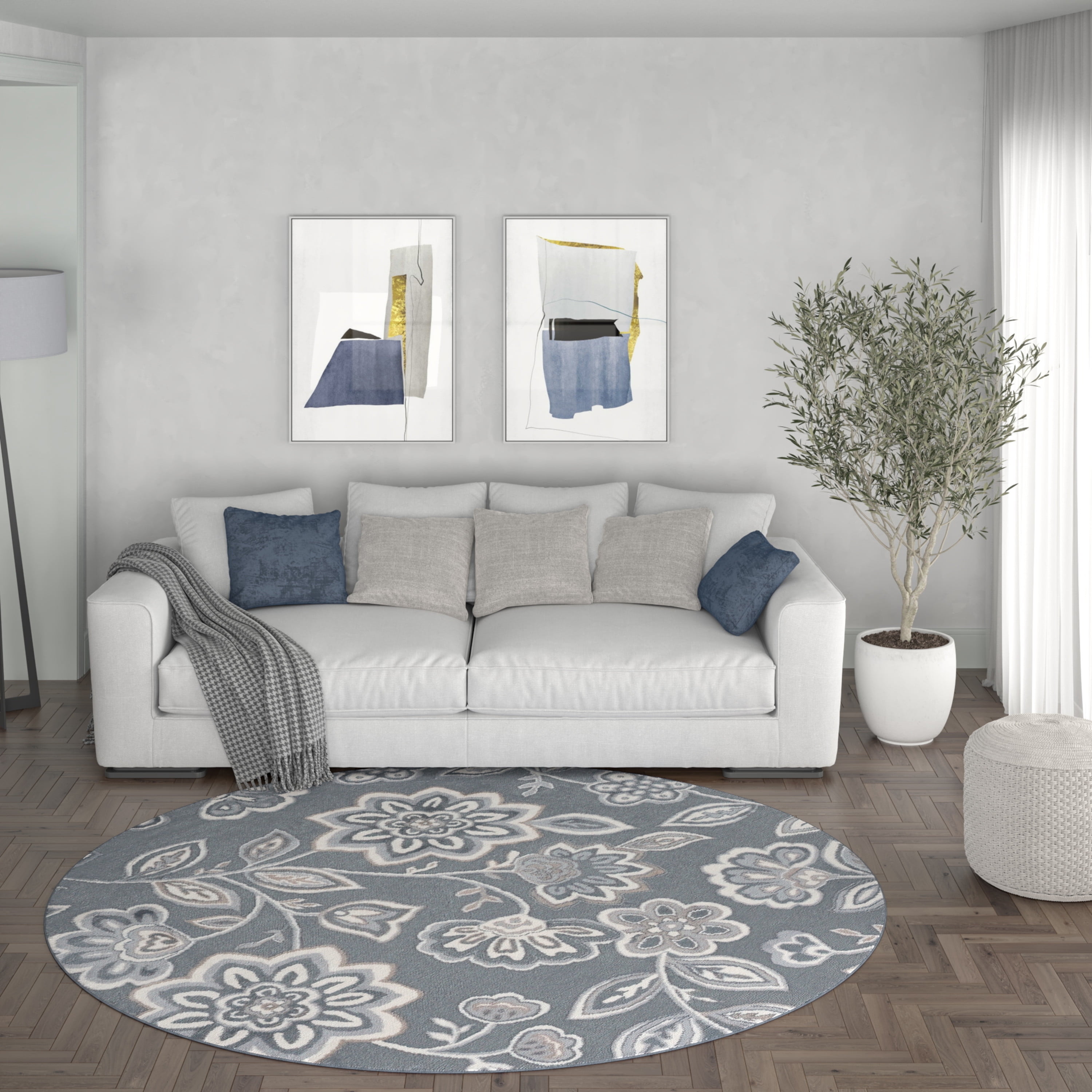 Madison Transitional 5' Round Gray and Cream Polypropylene Indoor Area Rug