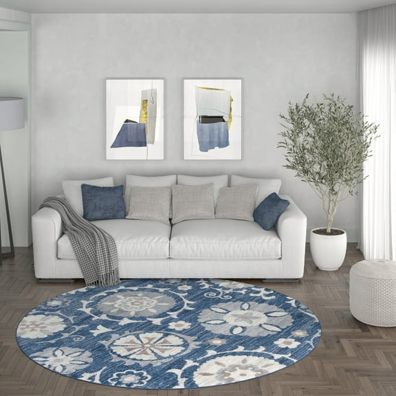 Madison Transitional 5' Round Navy and Cream Polypropylene Indoor Area Rug