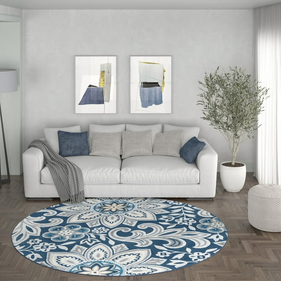 Madison Transitional 5' Round Navy and Cream Polypropylene Indoor Area Rug