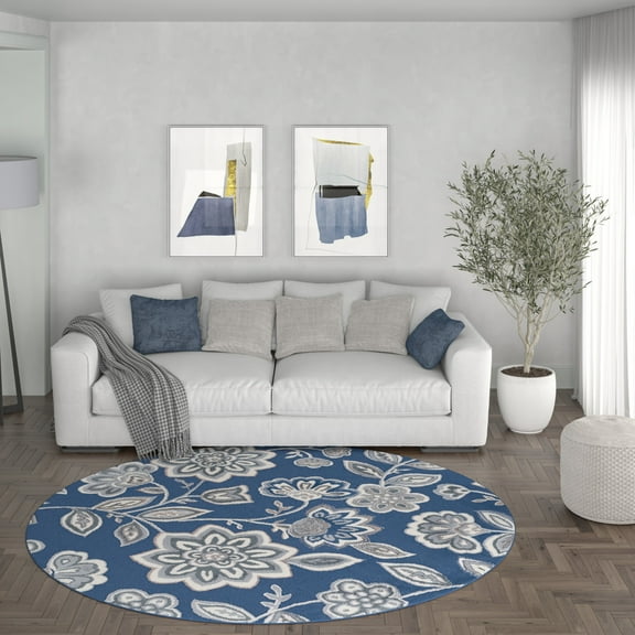 Madison Transitional 5' Round Navy and Cream Polypropylene Indoor Area Rug