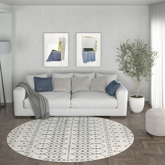 Madison Transitional 8' Round Cream and Navy Polypropylene Indoor Area Rug