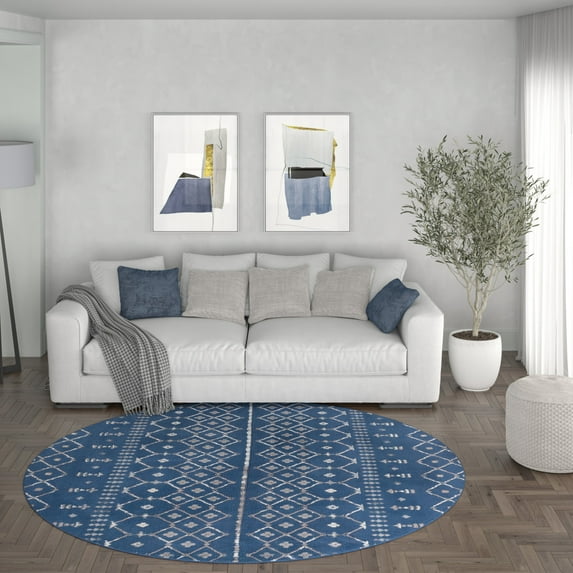 Madison Transitional 8' Round Navy and Cream Polypropylene Indoor Area Rug