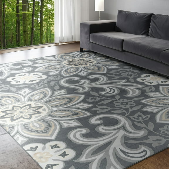 Madison Transitional 9' x 12' Dark Gray and Cream Polypropylene Indoor Area Rug