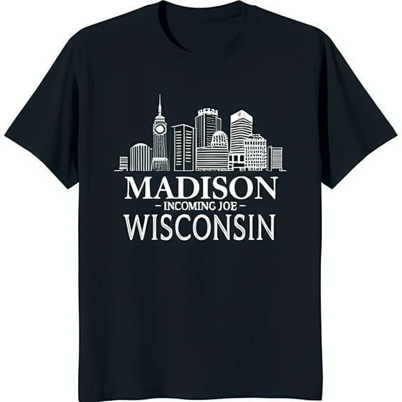 Madison Wisconsin Black T-Shirt with White Outline & Clock Tower