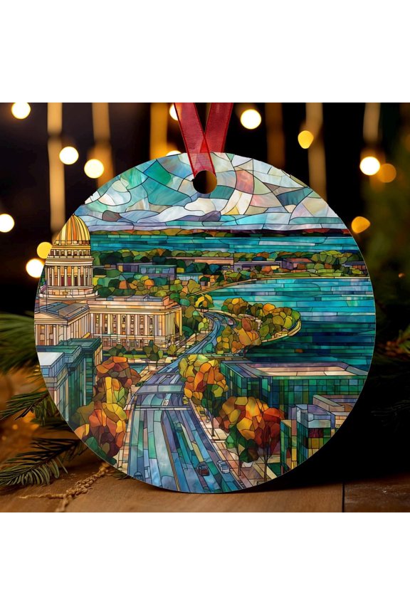 Madison Wisconsin Ornament | Stained Glass Style | State Capitol & Lake Mendota | University City Christmas Tree Gift