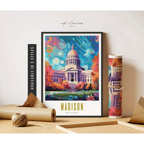 Madison Wisconsin Poster Madison Wi Art Wisconsin State Capitol Madison Wisconsin Poster City Wall Art Poster Travel Art Home Decor, 12x18 UNFRAMED