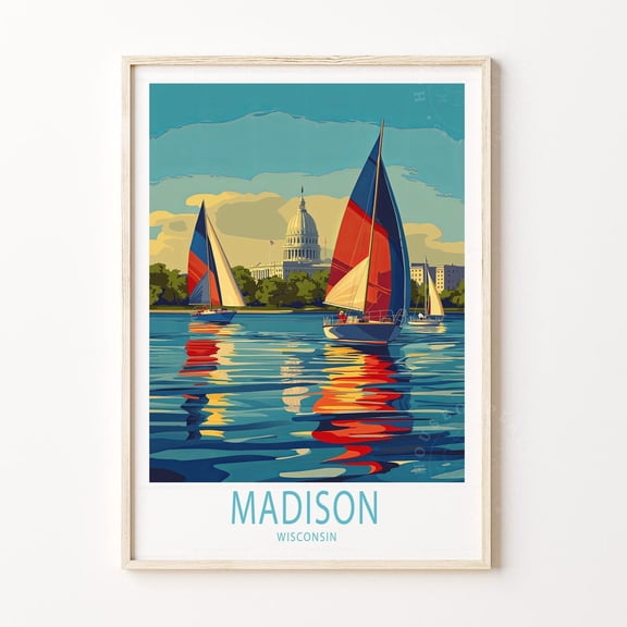 Madison Wisconsin State Capitol Cityscape Travel Art Print, Unframed Paper Poster 8x10in