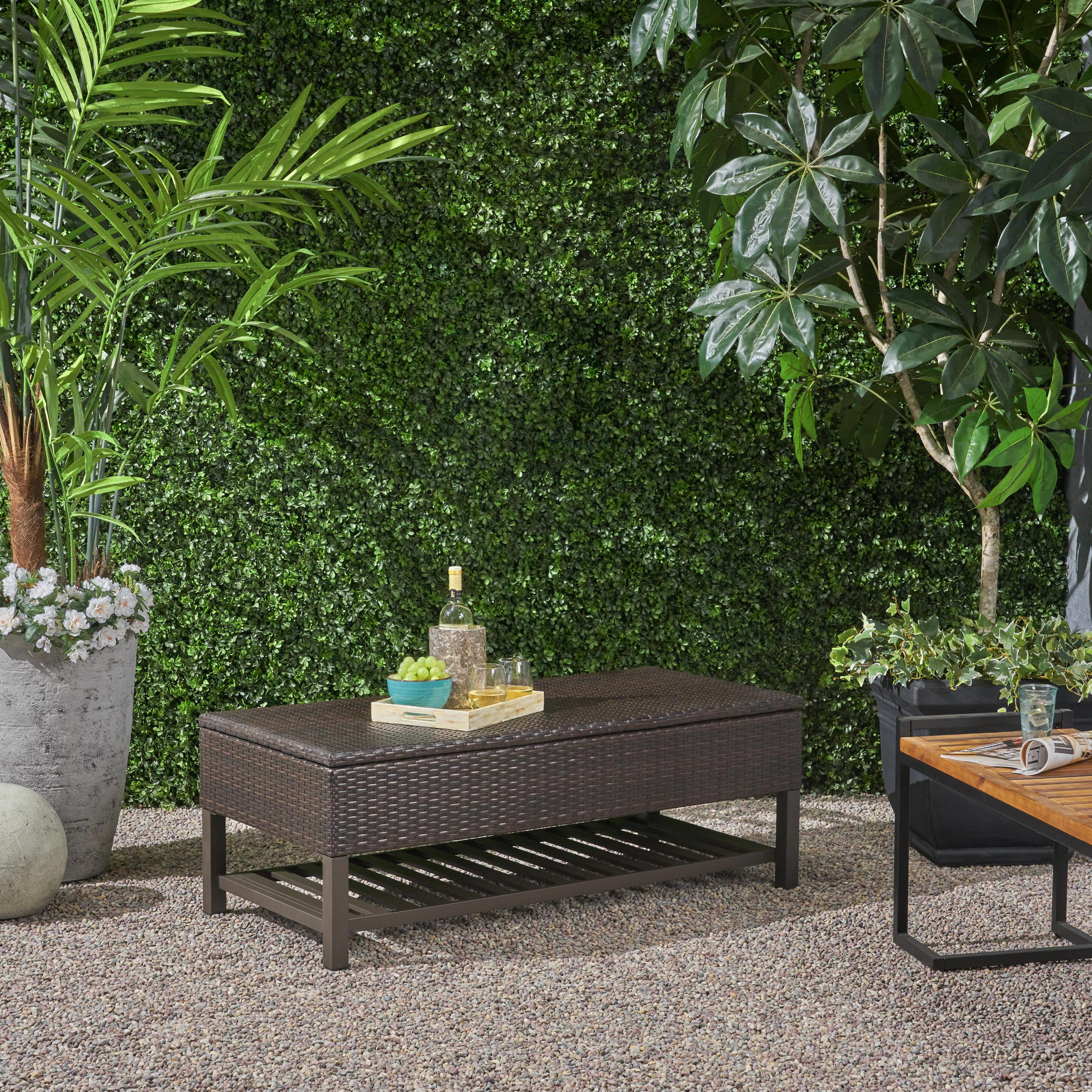 Madisyn Outdoor Wicker Storage Bench with Rack Multi Brown