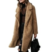 MADJTLQY Women Ladies Lapel Teddy Bear Coat Faux Fur Fleece Jacket Overcoat Long Parka Outerwear