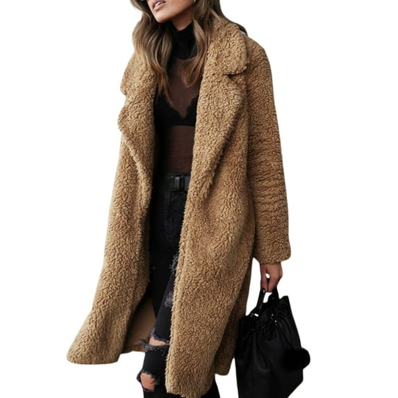 Madjtlqy Women Ladies Lapel Teddy Bear Coat Faux Fur Fleece Jacket Overcoat Long Parka Outerwear