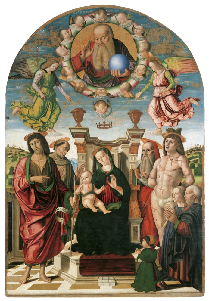 Madonna And Child Enthroned With St John Baptist Canvas Art - (24 x 36)