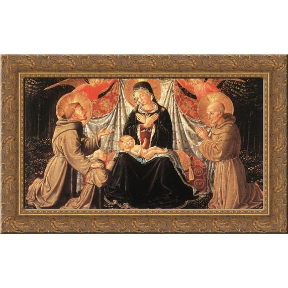 Madonna and Child with St. Francis and the donor Fra Jacopo da Montefalco (left) and St. Bernardino of Siena (right) 24x16 Gold Ornate Wood Framed Canvas Art by Benozzo Gozzoli