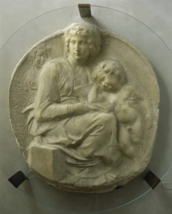Madonna & Child (Tondo Pitti) 1504-05 Michelangelo Buonarroti (1475-1564 Italian) Marble Museo Nazionale de Bargello Florence Italy Canvas Art - Michelangelo Buonarroti (18 x 24)