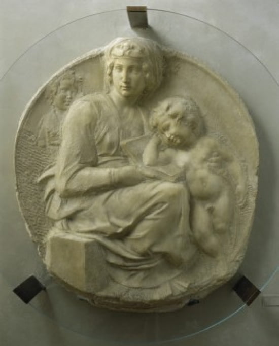 Madonna & Child (Tondo Pitti) 1504-05 Michelangelo Buonarroti (1475-1564 Italian) Marble Museo Nazionale de Bargello Florence Italy Canvas Art - Michelangelo Buonarroti (24 x 36)