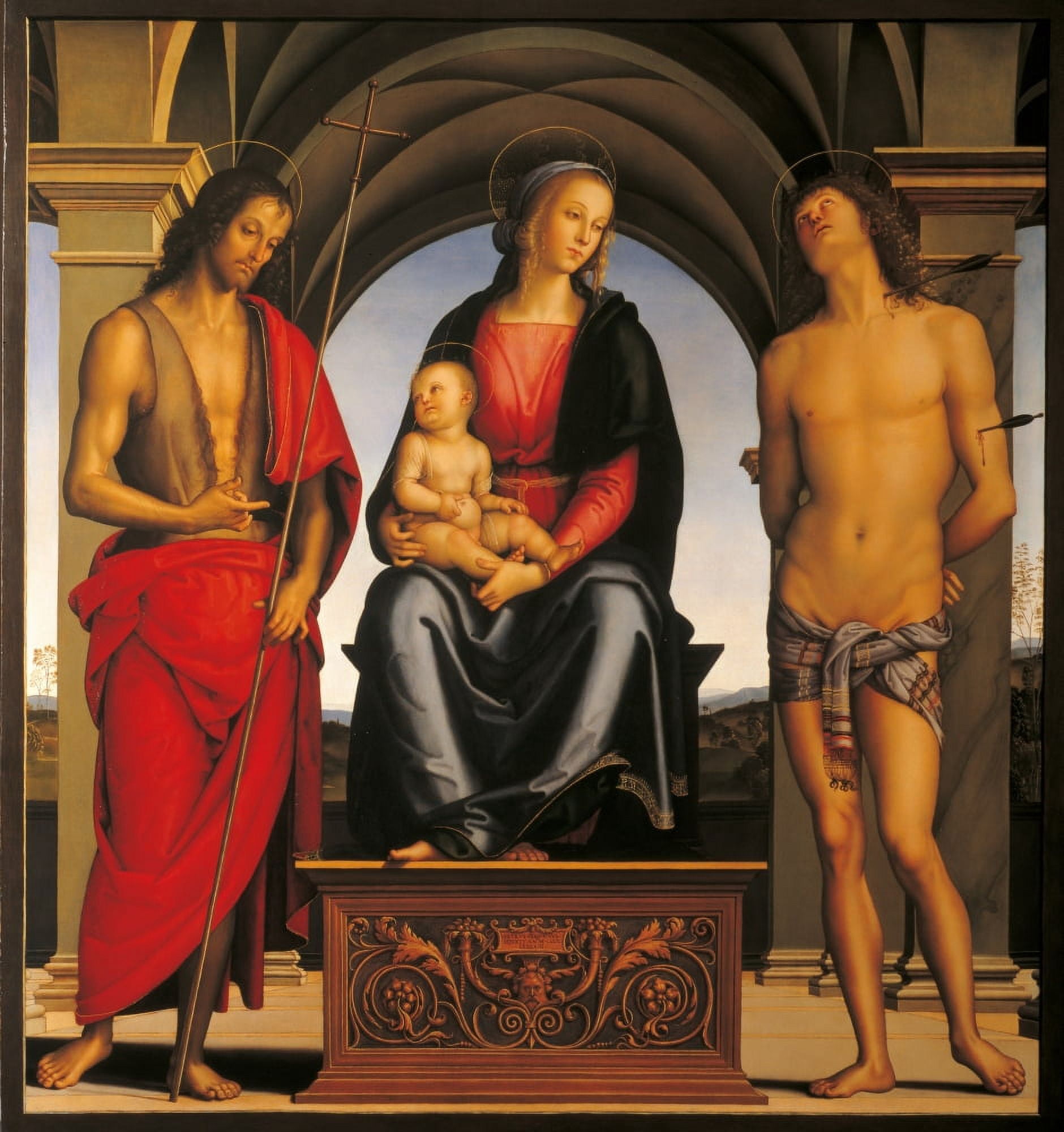 Madonna Enthroned With Child And Sts John The Baptist And Sebastian Canvas Art - (18 x 24)