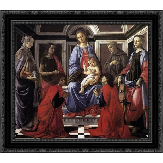Madonna and Child with Six Saints 20x20 Black Ornate Wood Framed Canvas Art by Botticelli, Sandro
