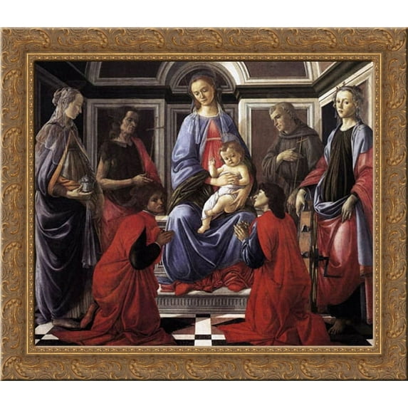 Madonna and Child with Six Saints (Sant'Ambrogio Altarpiece) 22x20 Gold Ornate Wood Framed Canvas Art by Botticelli, Sandro