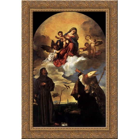 Madonna in Glory with the Christ Child and Sts Francis and Alvise with the Donor 24x18 Gold Ornate Wood Framed Canvas Art by Titian