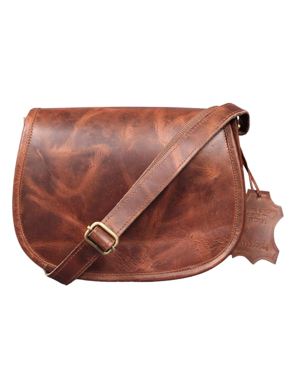 , Saddle Bag For Women Genuine Leather Crossbody Bag Girls Sling Purse Ladies Cross-Over Handbag (BROWN)