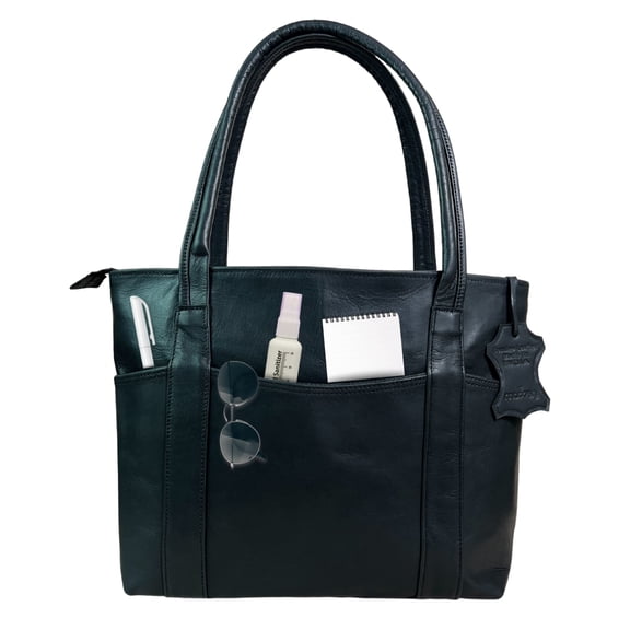 Madosh Vintage Genuine Leather Women's Tote Style Shoulder Handbag Valentine Gift Shopper 16” Bag (Black)