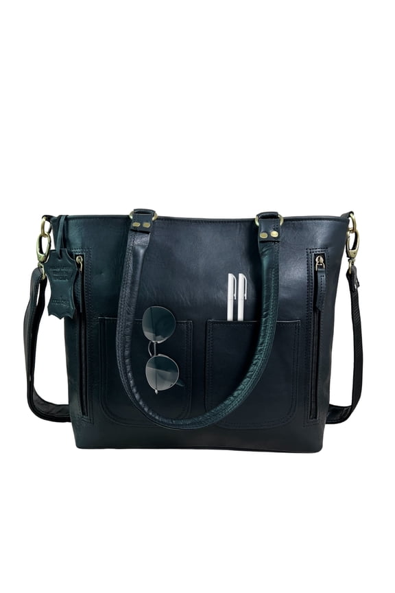 Women's Genuine Leather Tote Bag | Multi-Pocket Shoulder Bag | Adjustable & Detachable Strap | Elegant Everyday Handbag for Work & Travel (Black)