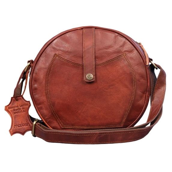 Madosh, Women's Round Crossbody Bag Genuine Leather Handbag Ladies Sling Bag Brown Purse