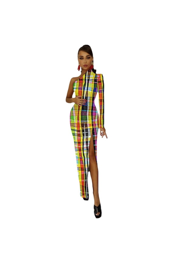 Madras Half Dleeve Split Dress Female clothing women"s clothing summer novelties elegant party dress for women