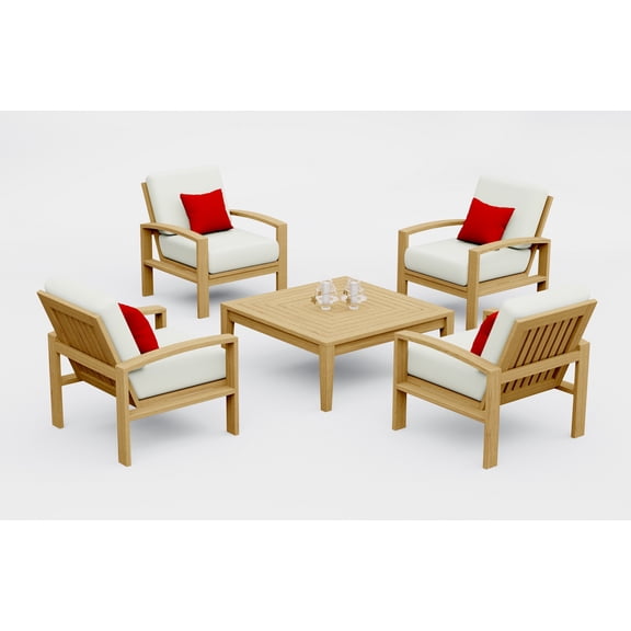 Madras Teak Wood 5 Pc Lounge Chair Set: 4 Lounge Chairs & Square Coffee Table With Cushions in Outdoor Sunbrella Fabric #5404 Canvas Natural