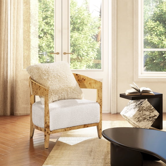 Madrid 26.5" Burl Wood Barrel Accent Arm Chair, Seashell White Chenille